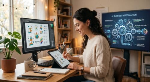Ondernemer werkt aan creatief ontwerp terwijl AI bedrijfsprocessen automatiseert op tweede scherm