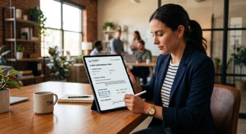 Klant ondertekent digitaal onboarding formulier met projectgegevens en wensen