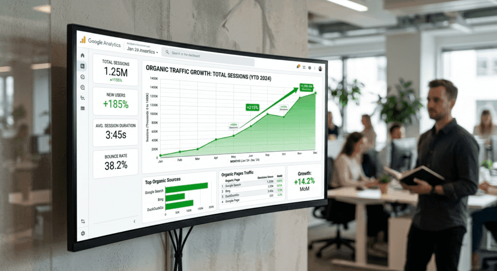 Stijgende analytics grafiek met organische traffic groei op monitor