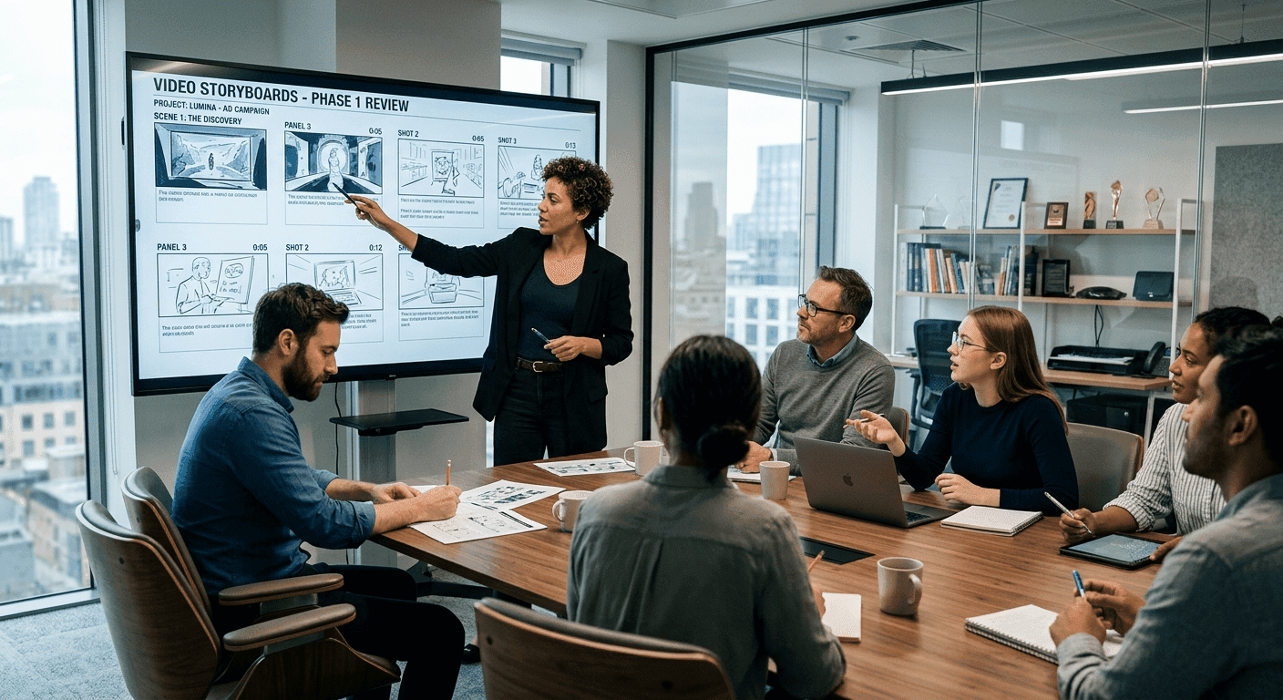 Creatief team bespreekt video storyboards in een vergaderruimte