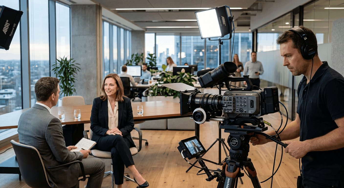 Professionele videocamera filmt een interview in een modern kantoor