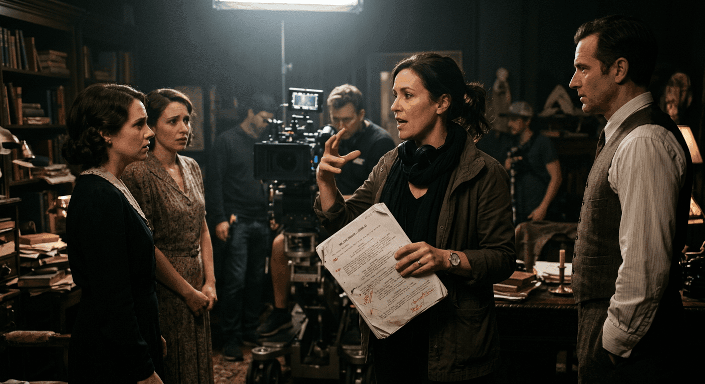 Filmmaker met script geeft aanwijzingen op een professionele filmset