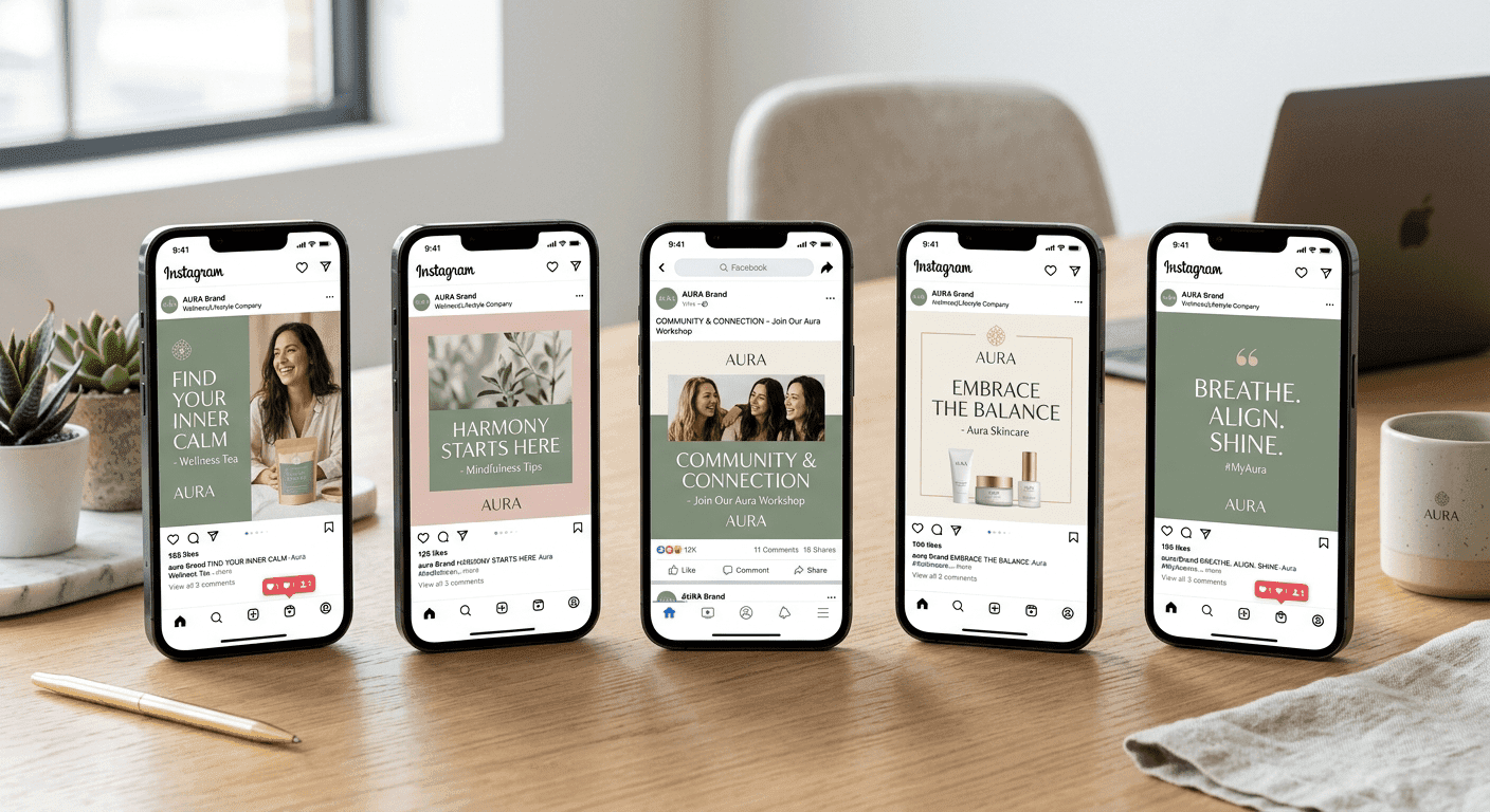 Consistente branding op meerdere telefoonschermen met social media posts