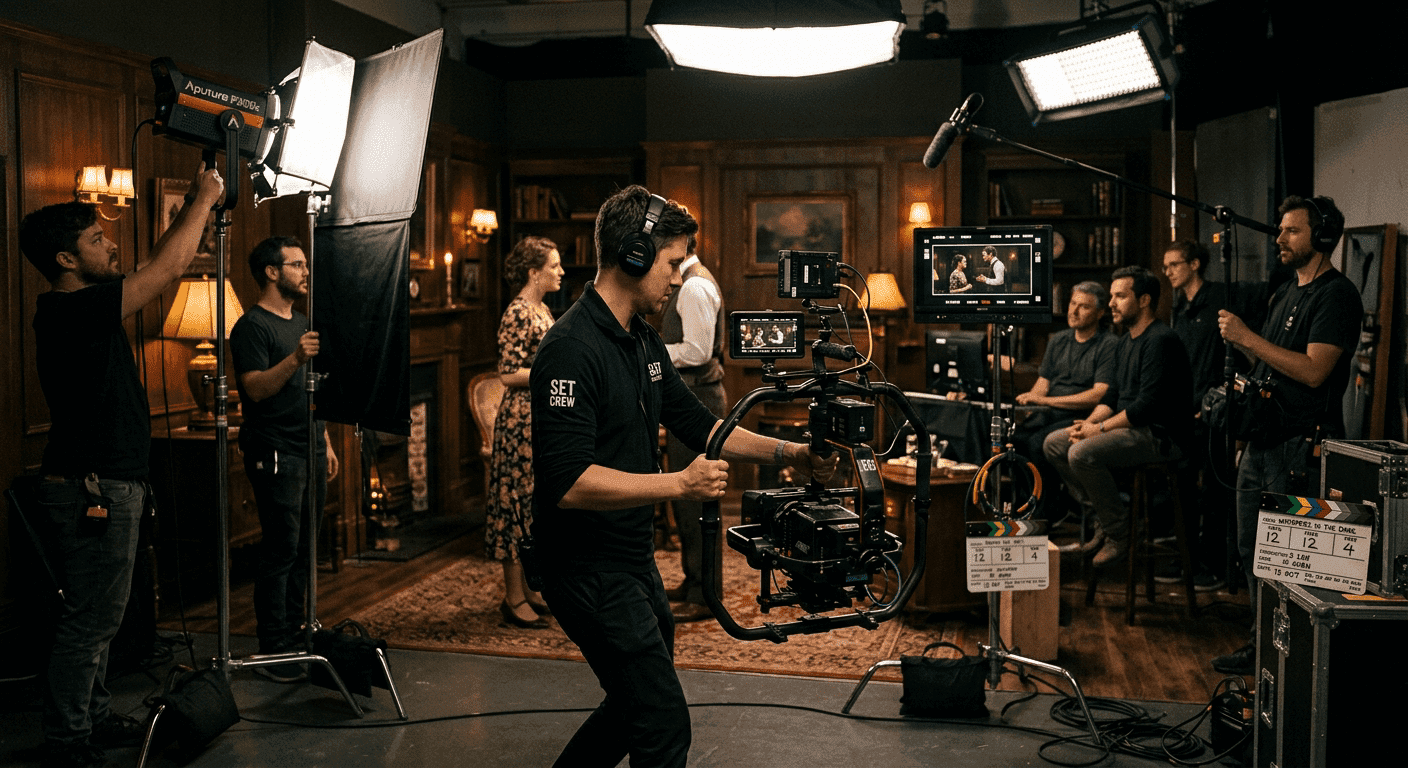 Professioneel filmteam op set met camera en belichting