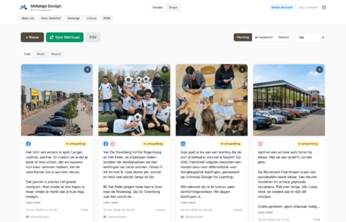 Admin overzicht van het social media dashboard met berichten per klant