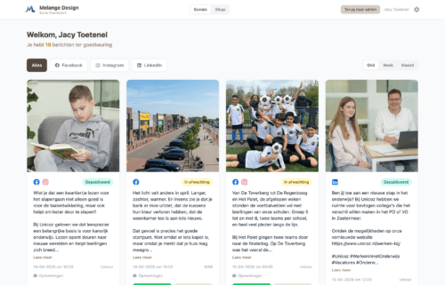 Klantweergave van het social media dashboard met goedkeuringsworkflow