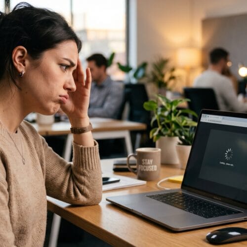 Persoon gefrustreerd door een trage website met laadspinner op het scherm