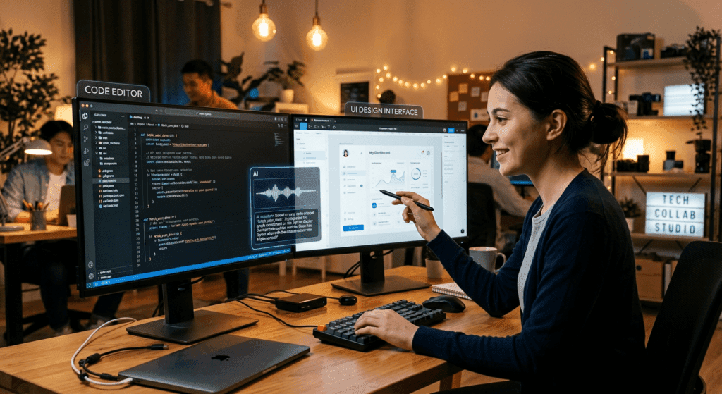 Samenwerking tussen persoon en AI interface met code en design naast elkaar