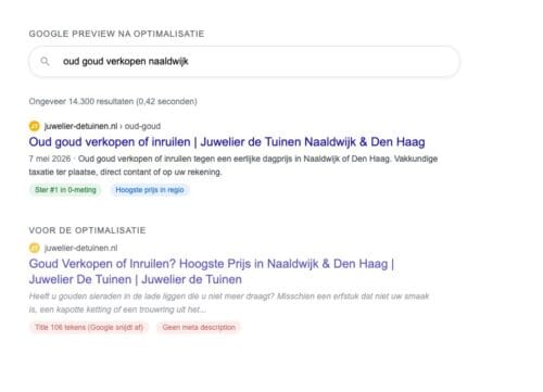 Vergelijking van het Google-zoekresultaat voor 'oud goud verkopen naaldwijk' voor en na de optimalisatie