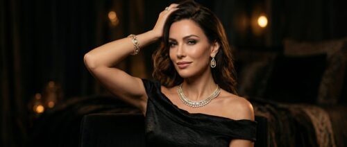 Model met gouden oorbellen en collier van Juwelier de Tuinen